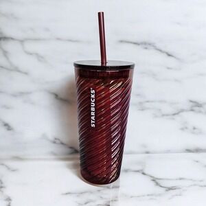 Starbucks Burgundy Swirl Glass‎ Tumbler Metallic Spiral Design 18oz